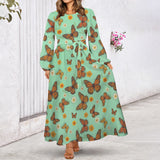 Butterfly Round Neck Long Sleeve Belted Maxi Dress