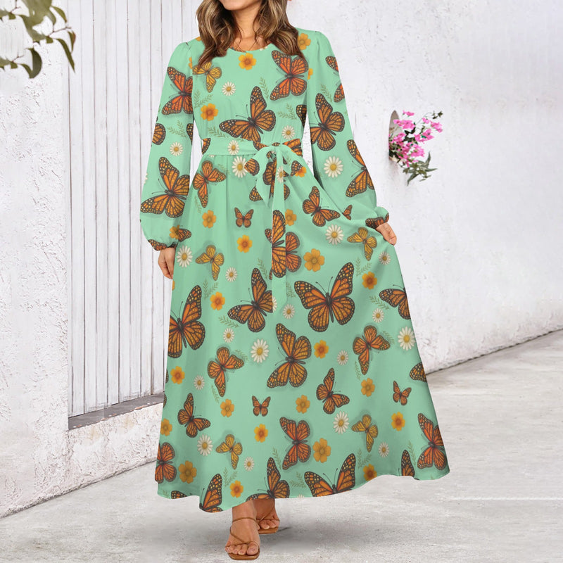 Butterfly Round Neck Long Sleeve Belted Maxi Dress