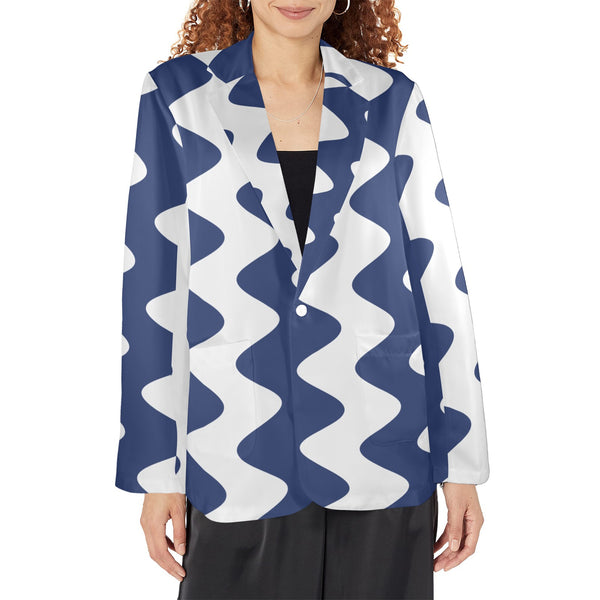 waves blue white print 2A Women's All Over Print Blazer (Model H64)