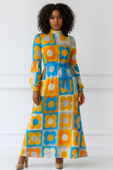 Retro Petals Long Sleeve High Neck Long Dress