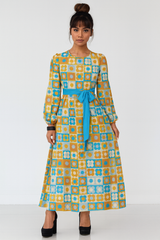 Retro Petals Round Neck Long Sleeve Belted Maxi Dress