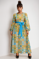 Retro Petals Round Neck Long Sleeve Belted Maxi Dress