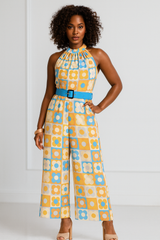 Retro Petals Halter Neck Buckle Belted Jumpsuit