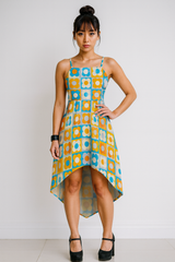 Retro Petals High-Low Spaghetti Tailcoat Skirted Strap Dress