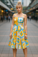 Retro Petals Sleeveless Square Neck Flare Hem Midi Dress