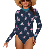 aqua green print 2A Backless Long Sleeve One-Piece Swimsuit (Model S60)