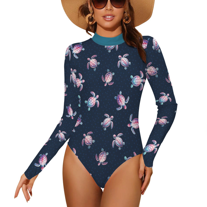 aqua green print 2A Backless Long Sleeve One-Piece Swimsuit (Model S60)