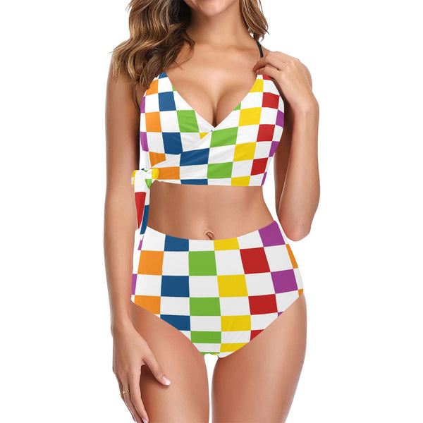 rect colored print 3A Knot Side Bikini Swimsuit (Model S37)