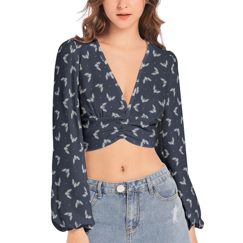 Women's Deep V-Neck Lantern Sleeve Crop Top