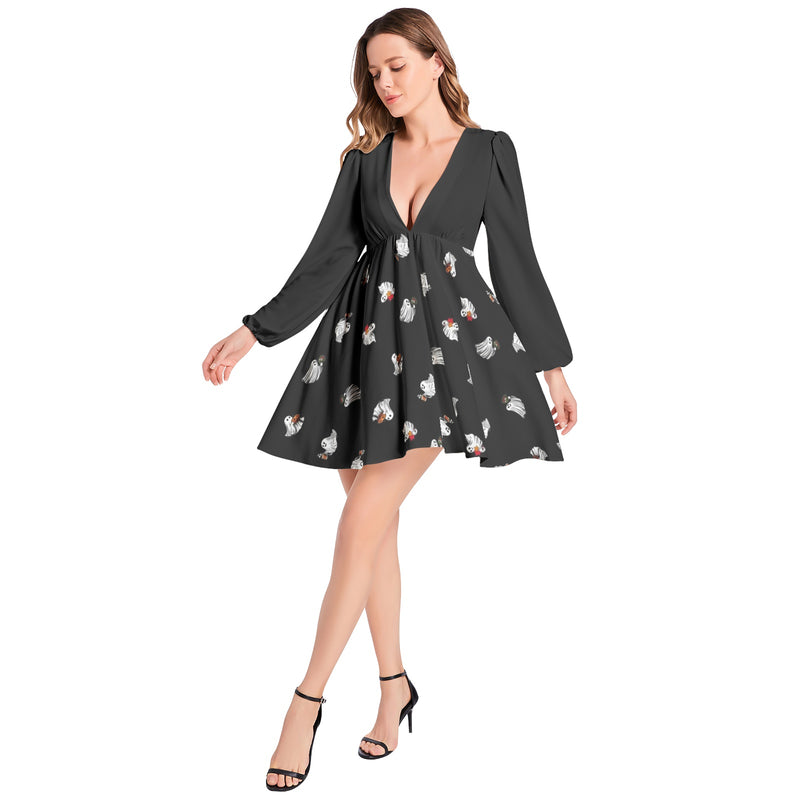 Lantern Sleeve Deep V-Neck Short Dress