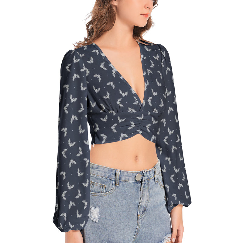 Women's Deep V-Neck Lantern Sleeve Crop Top