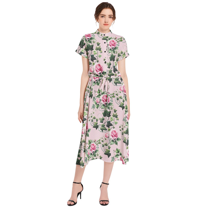 Drawstring Waist A-line Flared Midi Dress