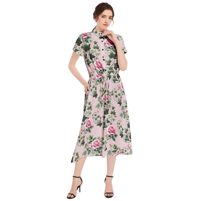 Drawstring Waist A-line Flared Midi Dress