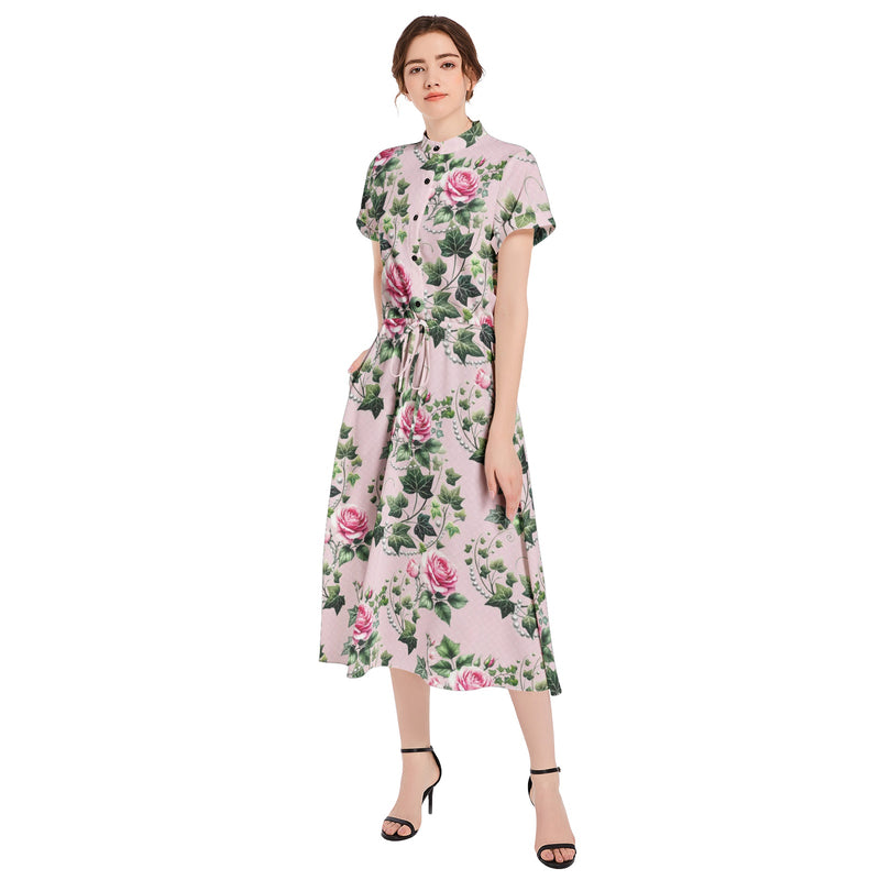 Drawstring Waist A-line Flared Midi Dress