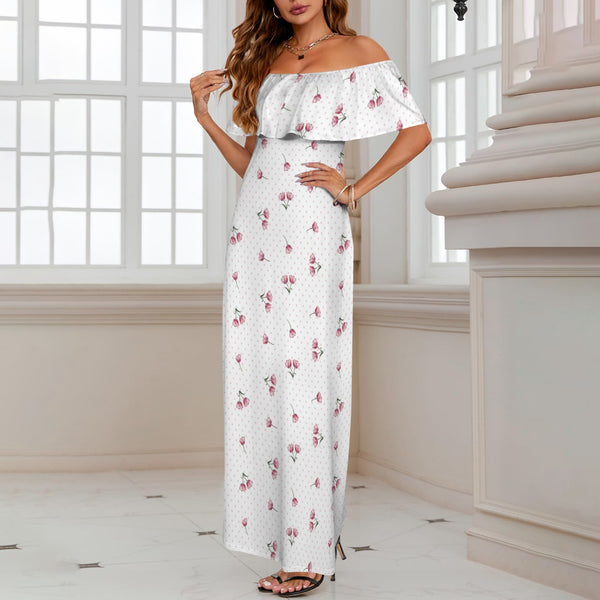 tulips print 5A Women's Off Shoulder Ruffle Boat Neck Dress (Model D71)