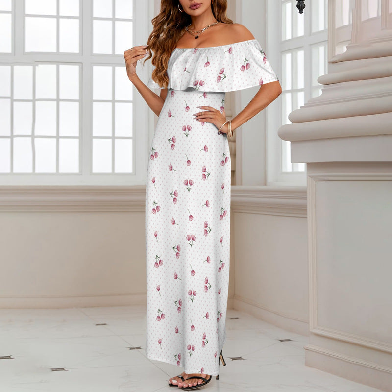 tulips print 5A Women's Off Shoulder Ruffle Boat Neck Dress (Model D71)