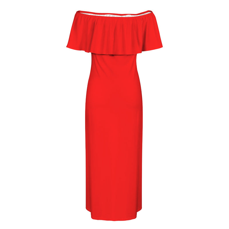 red boat neck dress bright red Women's Off Shoulder Ruffle Boat Neck Dress (Model D71) 4XL