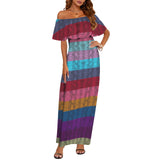 multicolored snakeskin Women's Off Shoulder Ruffle Boat Neck Dress (Model D71)