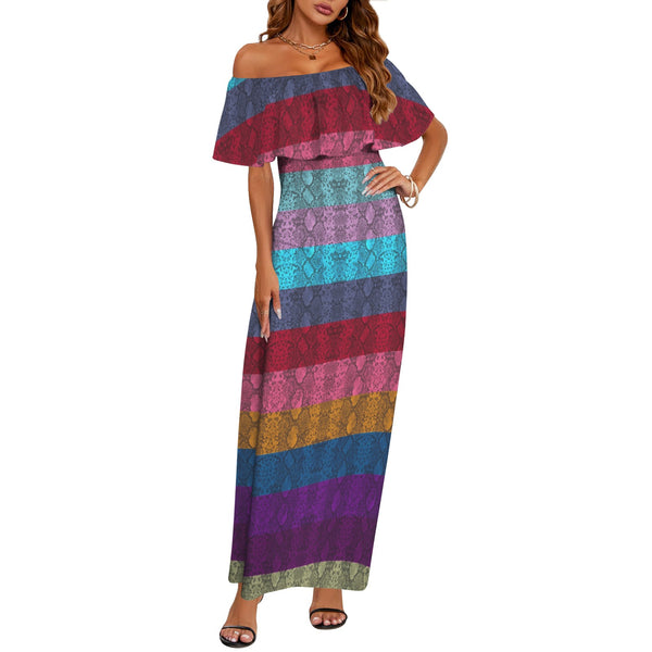 multicolored snakeskin Women's Off Shoulder Ruffle Boat Neck Dress (Model D71)