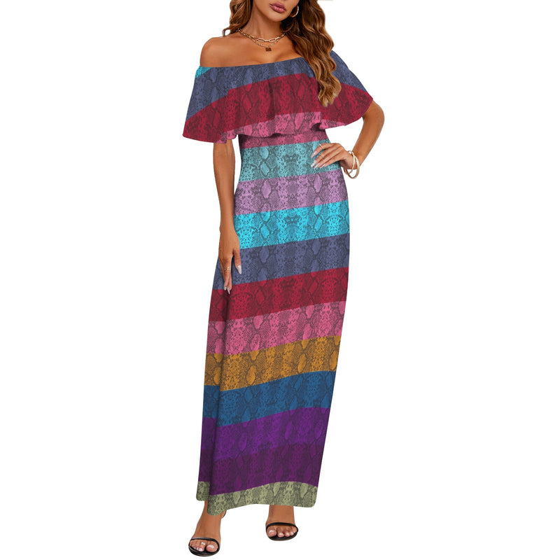 multicolored snakeskin Women's Off Shoulder Ruffle Boat Neck Dress (Model D71)