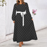 white solid print 2 Round Neck Long Sleeve Belted Maxi Dress
