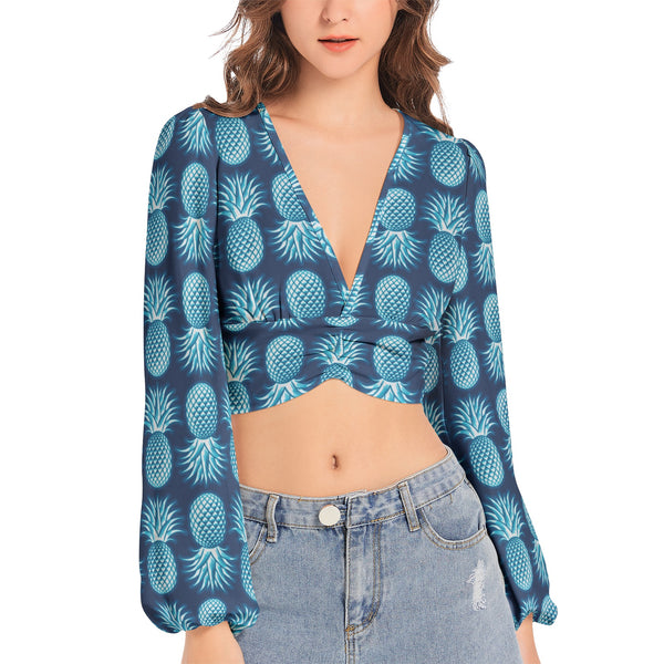 Women's Deep V-Neck Lantern Sleeve Crop Top