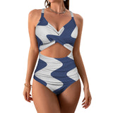 delft blue monarch butterfly print Women's Twist Front Tie Back Swimsuit (Model S57)