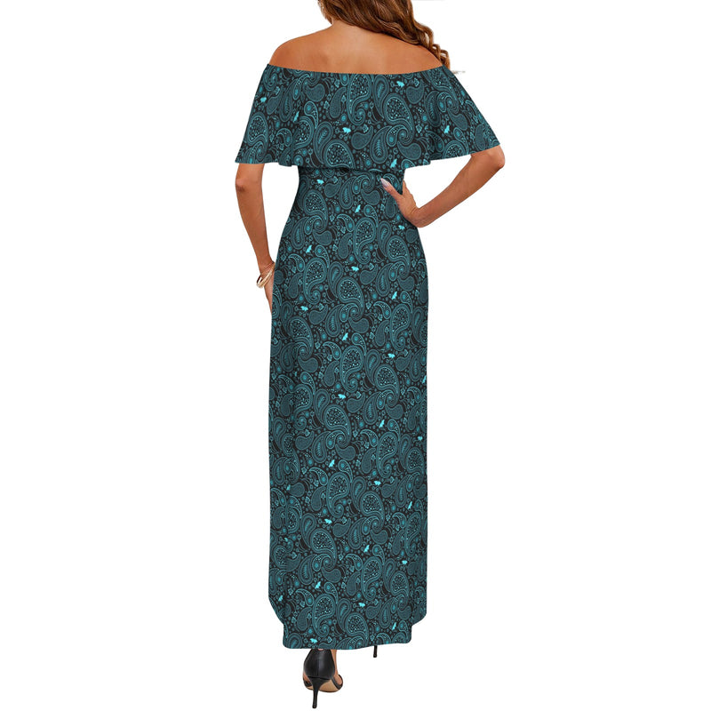 Paisley Off Shoulder Ruffle Boat Neck Dress
