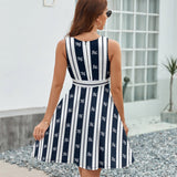 Striped Dragon V-Neck Sleeveless Dress