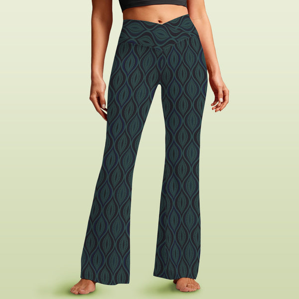 ogee light green print 2A High Waist Crossover Tummy Control Flare Leggings