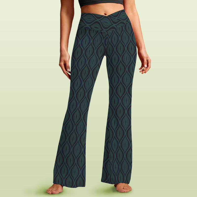 ogee light green print 2A High Waist Crossover Tummy Control Flare Leggings