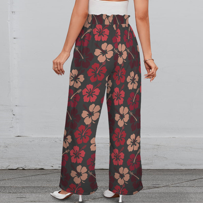 striped hibiscus print 3C Strappy Elastic Waist Wide Leg Pants with Pockets