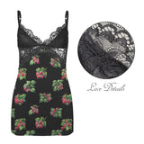 rasp on black print Lace Low Cut Backless Cami Dress (D72)