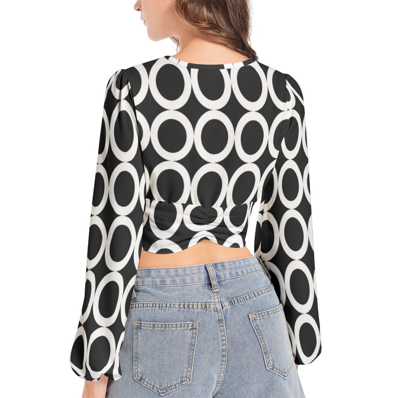 Women's Deep V-Neck Lantern Sleeve Crop Top