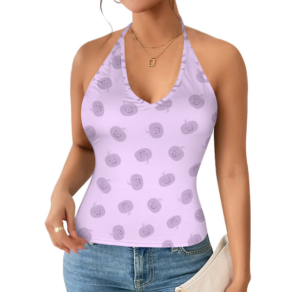 jack o lantern polka dot print Women's V-Neck Halter Top (Model T83)
