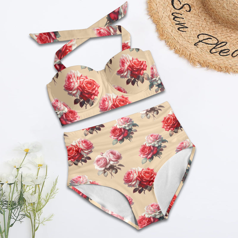 big rose print pink and red Women's Halter Neck Gather Chest Bikini Swimsuit (Model S53)