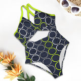 rings white print Women's Twist Front Tie Back Swimsuit (Model S57)