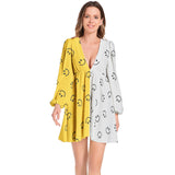Lantern Sleeve Deep V-Neck Short Dress