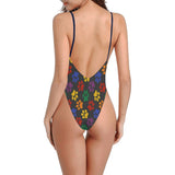 colorful paws print 2C Sexy Low Back One-Piece Swimsuit (Model S09)