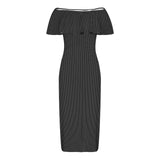 bw print thin stripe Women's Off Shoulder Ruffle Boat Neck Dress (Model D71)