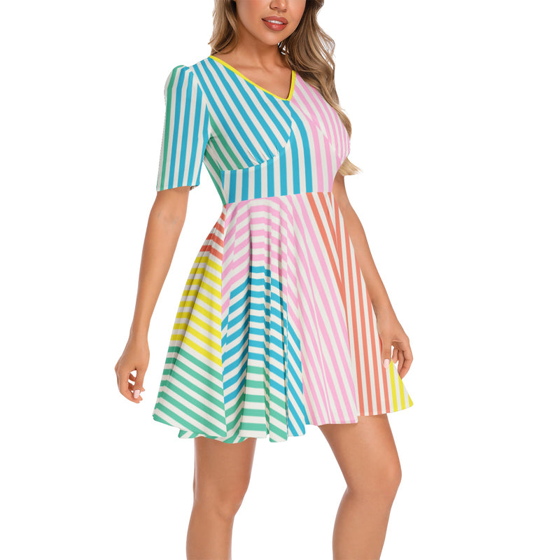 Short Sleeve Ruched Bust Flared Hem Dress