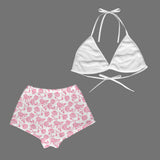 pink rose on white print 2 Women's Flannel Bikini Top & Shorts Pajamas