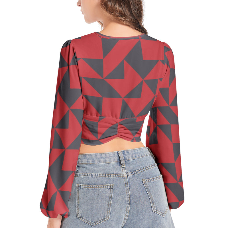 Women's Deep V-Neck Lantern Sleeve Crop Top