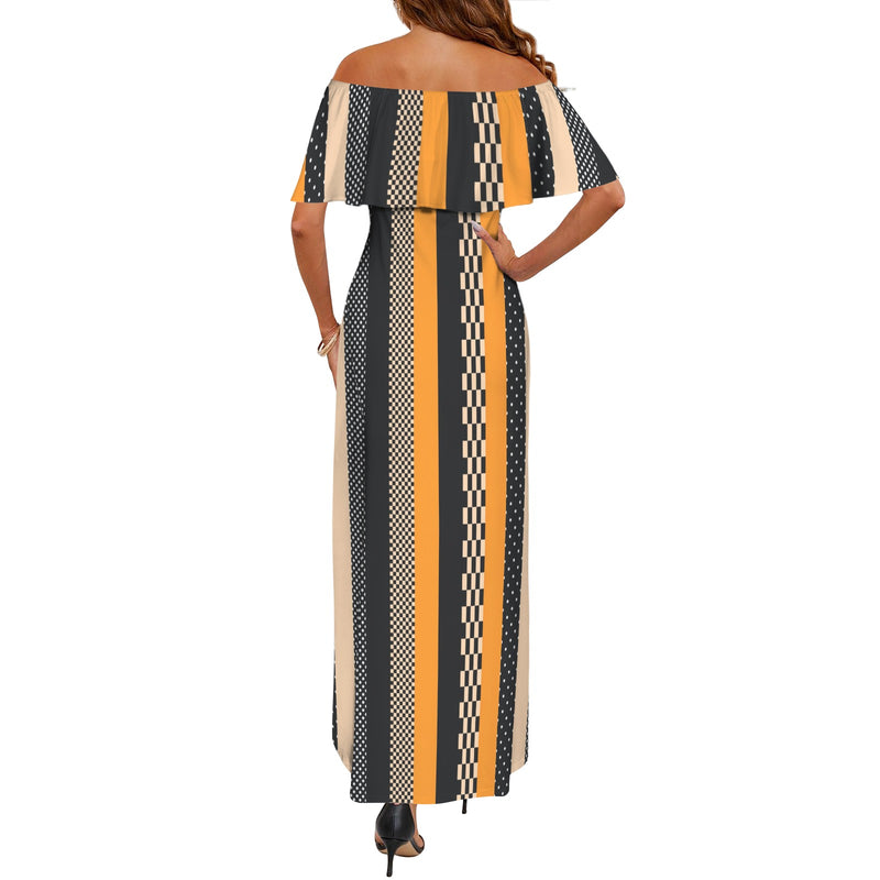 eclectic stripe print Women's Off Shoulder Ruffle Boat Neck Dress (Model D71)