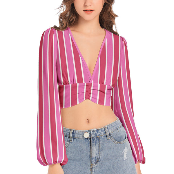 Women's Deep V-Neck Lantern Sleeve Crop Top