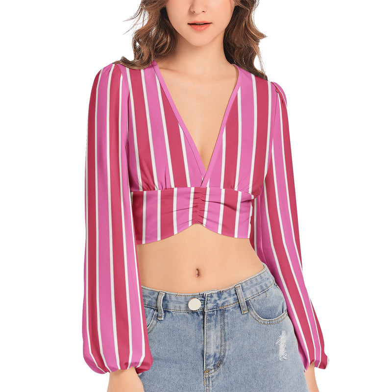 Women's Deep V-Neck Lantern Sleeve Crop Top