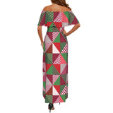 patchwork print xmas 4 Women's Off Shoulder Ruffle Boat Neck Dress (Model D71)