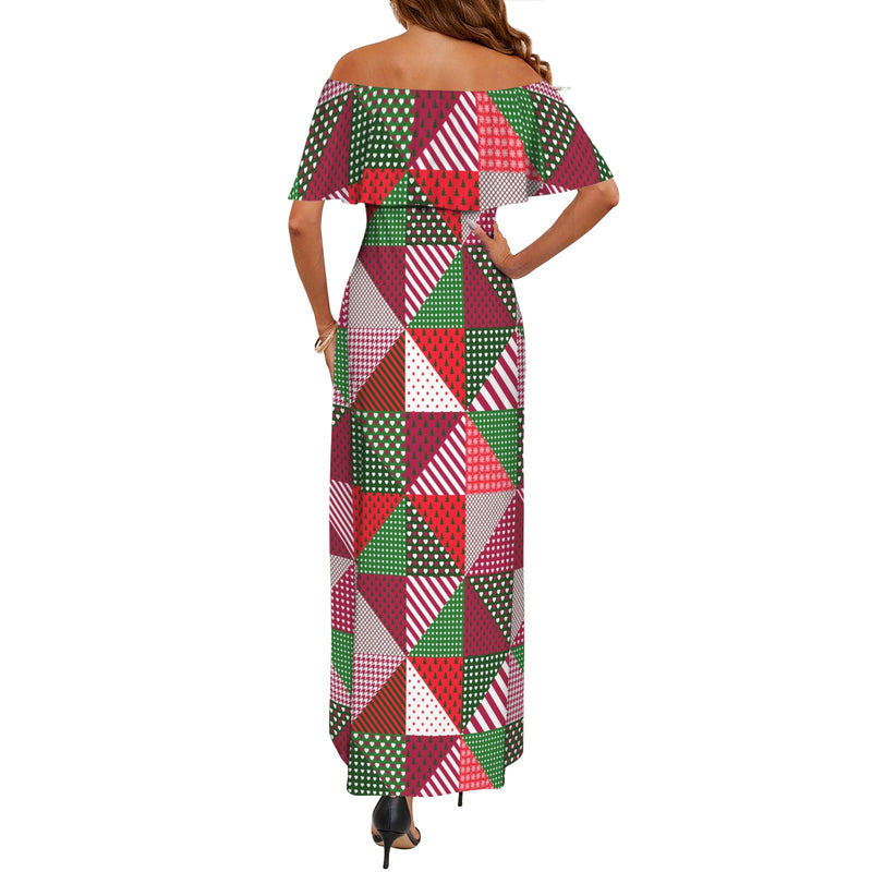 patchwork print xmas 4 Women's Off Shoulder Ruffle Boat Neck Dress (Model D71)