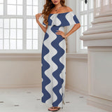 waves blue white print 2A Women's Off Shoulder Ruffle Boat Neck Dress (Model D71)