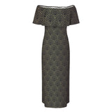 gold shell purse print Women's Off Shoulder Ruffle Boat Neck Dress (Model D71)